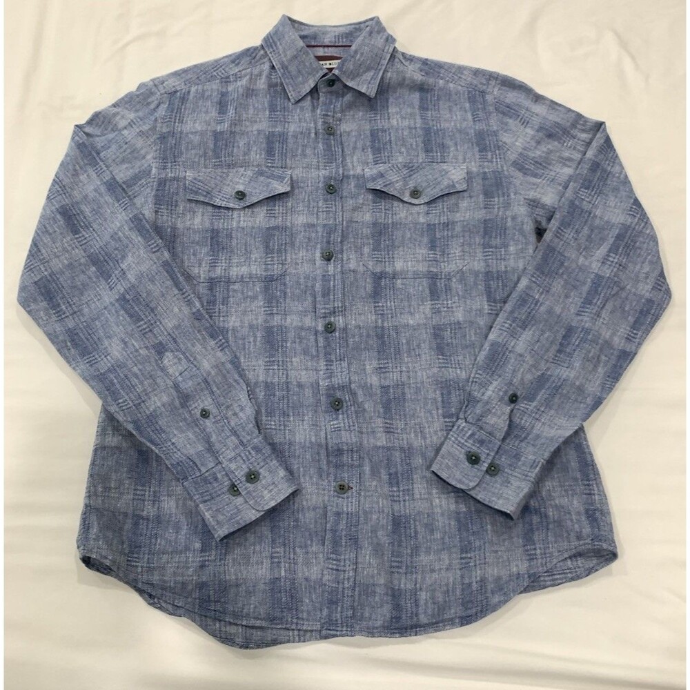 32 Bar Blues Button Down Shirt Mens Small Blue Plaid Linen Blend Long Sleeve